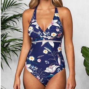 Cupshe Dark Blue Floral Strappy One-Piece Swimsuit Size Medium
